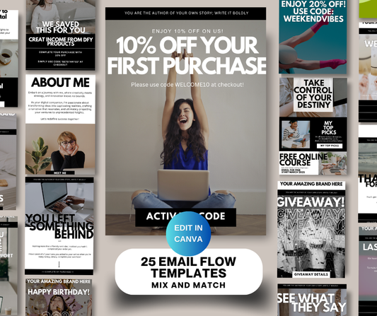 Collection of email flow templates with promotional text and images on a white background.